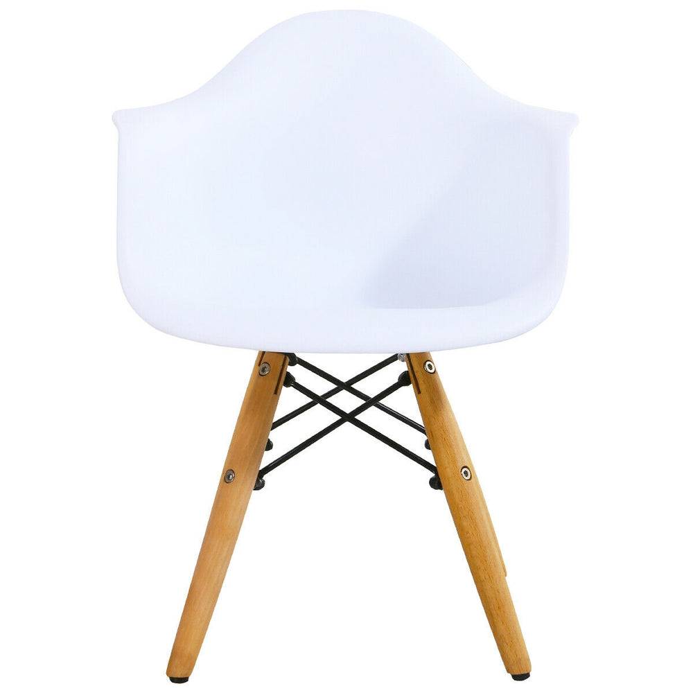 White ergonomic chair with wooden legs and iron frame, designed for kids' comfort and stability in a modern table set.