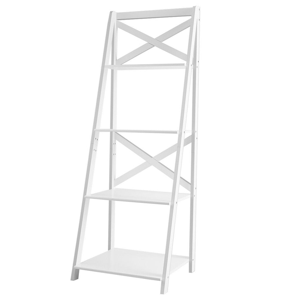 4-tier white leaning ladder shelf bookcase made of MDF, perfect for home or office storage and organization.