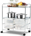 Rolling storage cart with 4 big drawers and 2 metal mesh shelves, ideal for kitchen or office organization.