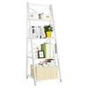 4-tier leaning ladder shelf bookcase in white, made of MDF, perfect for books and decor in home or office settings.