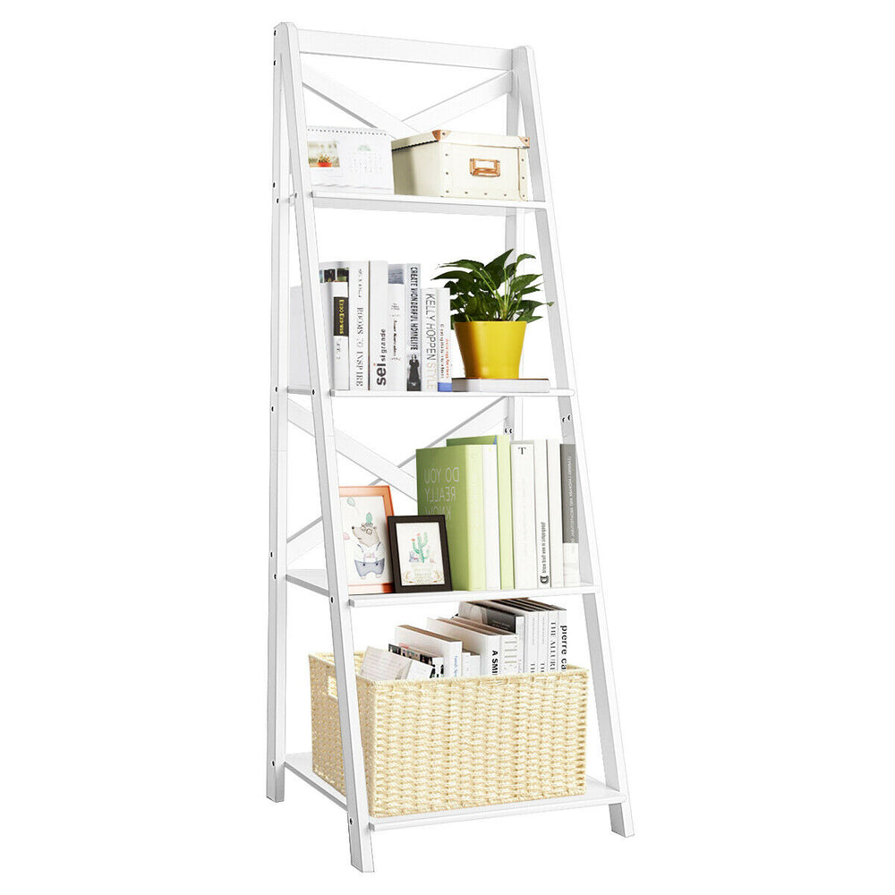 4-tier leaning ladder shelf bookcase in white, made of MDF, perfect for books and decor in home or office settings.