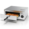 Stainless steel GoPlus commercial pizza oven with a 12" pizza, chrome wire rack, and built-in temperature control.