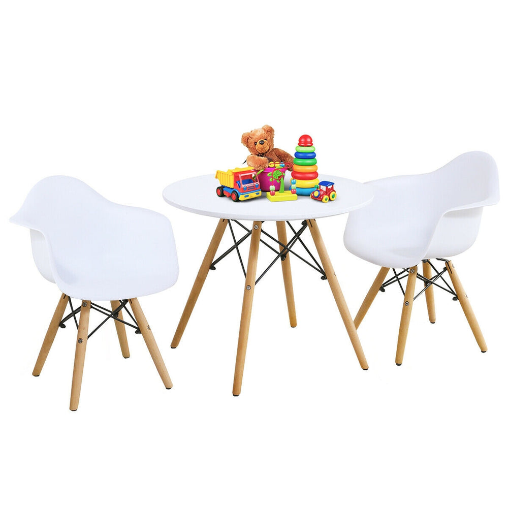 Kid's modern round table and two chairs set with wood legs, ergonomic design, perfect for play and activities.
