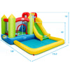 Outdoor inflatable bounce house with slide, bright colors, made of premium Oxford material, suitable for garden fun.