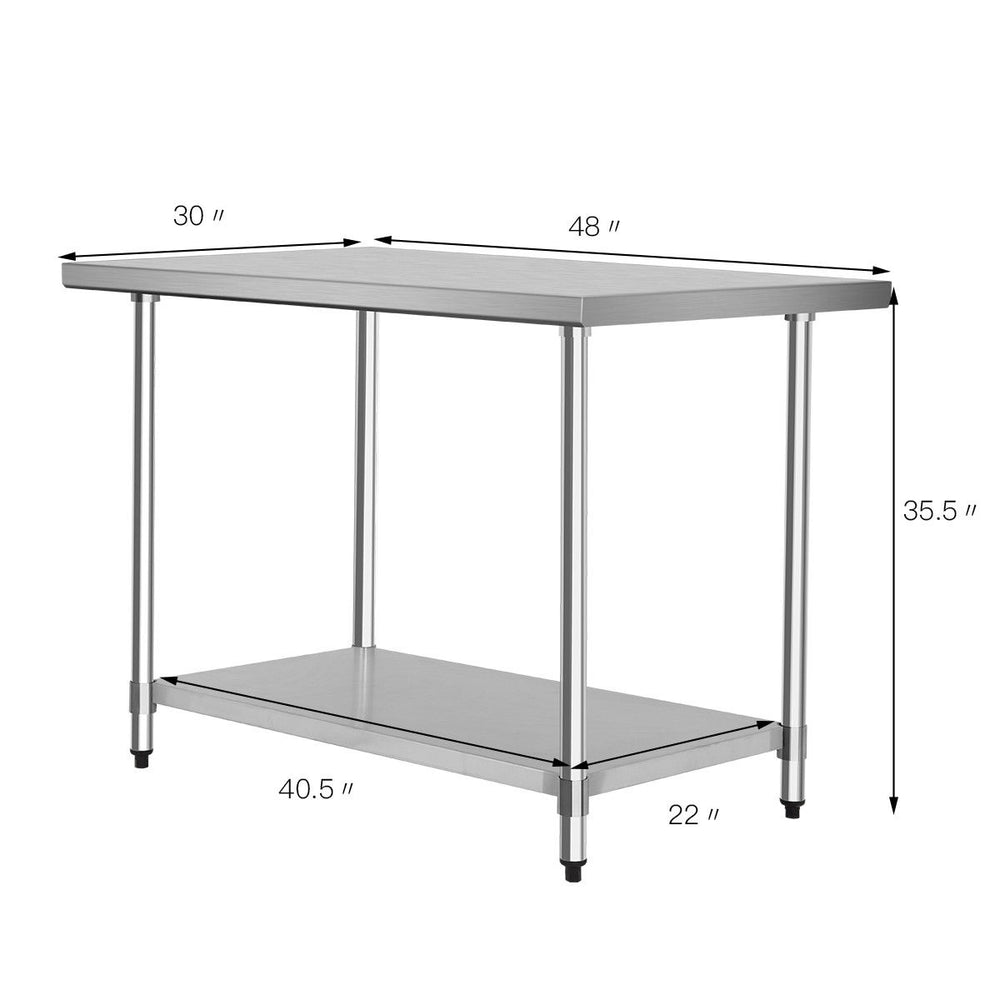 Stainless steel commercial kitchen worktable, 48" x 30", with adjustable shelf and sturdy frame for versatile use.