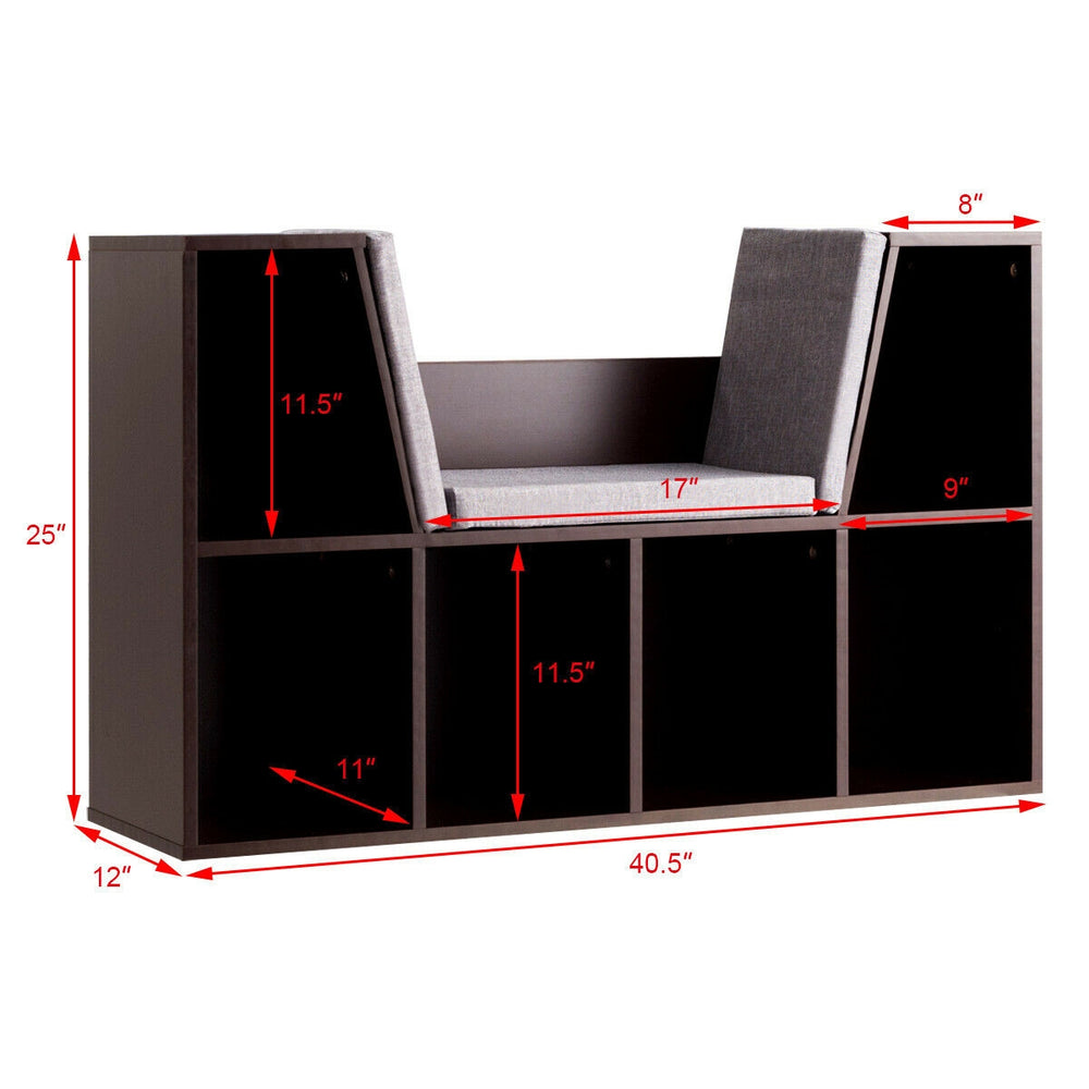 6-cubby kid storage bookcase with cushioned reading nook in brown, ideal for organizing toys and books in any room.