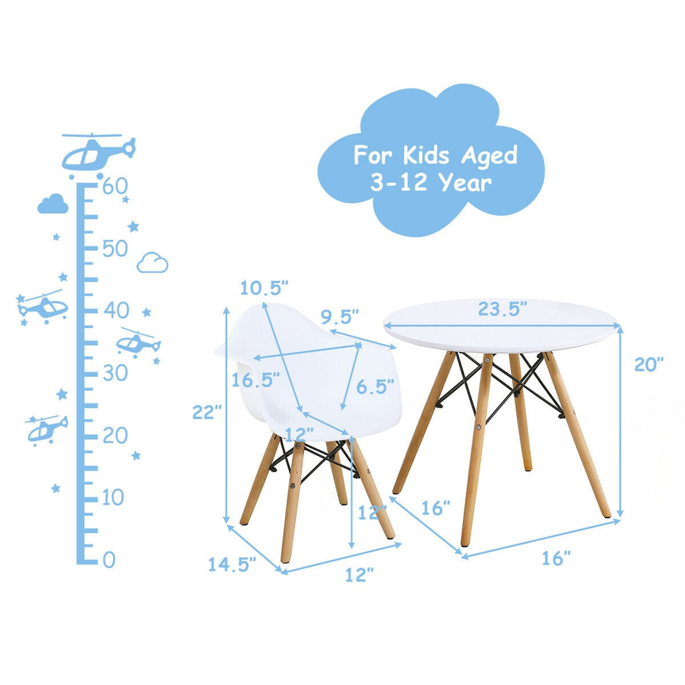 Kid's modern round table and chair set with wood legs, ergonomic design, ideal for ages 3-12 for play and activities.