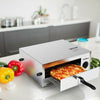 Stainless steel pizza oven with a 12" pizza, chrome wire rack, and cool touch handle for easy cooking.