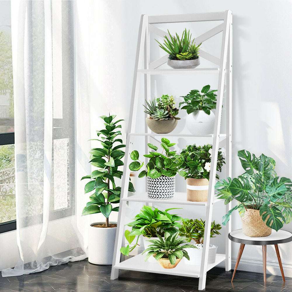 4-tier white leaning ladder shelf showcasing plants and decor, made of durable MDF, perfect for home or office storage.