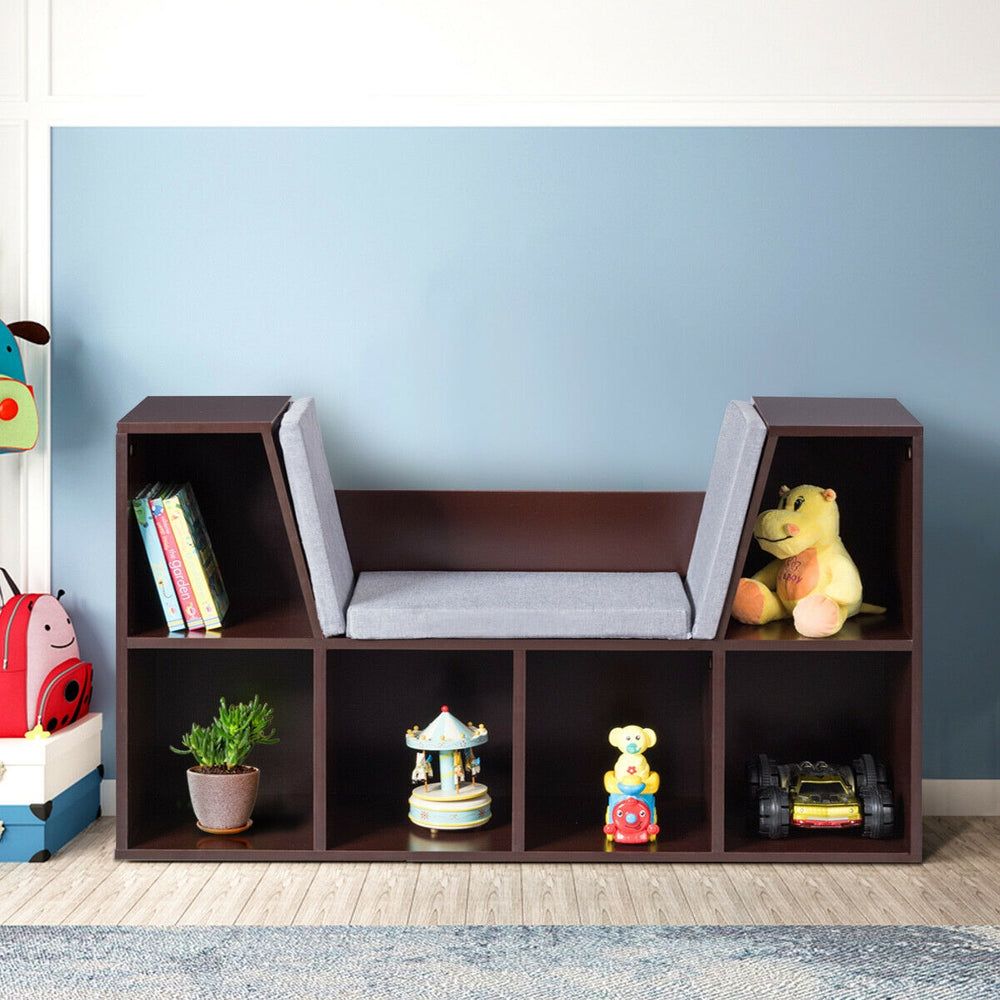Cushioned reading nook bookcase in brown with 6 cubbies for toy and book storage, ideal for kids' rooms.