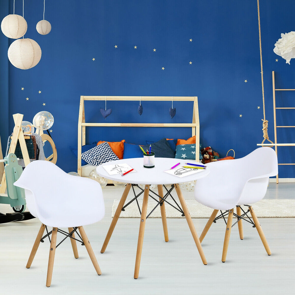 Kid's modern round table and chair set with wood legs, ergonomic design, perfect for play and activities in any room.