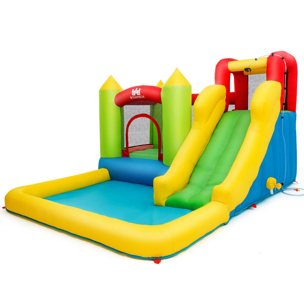 Brightly colored outdoor inflatable bounce house with slide and water-spraying function, perfect for gardens and parks.