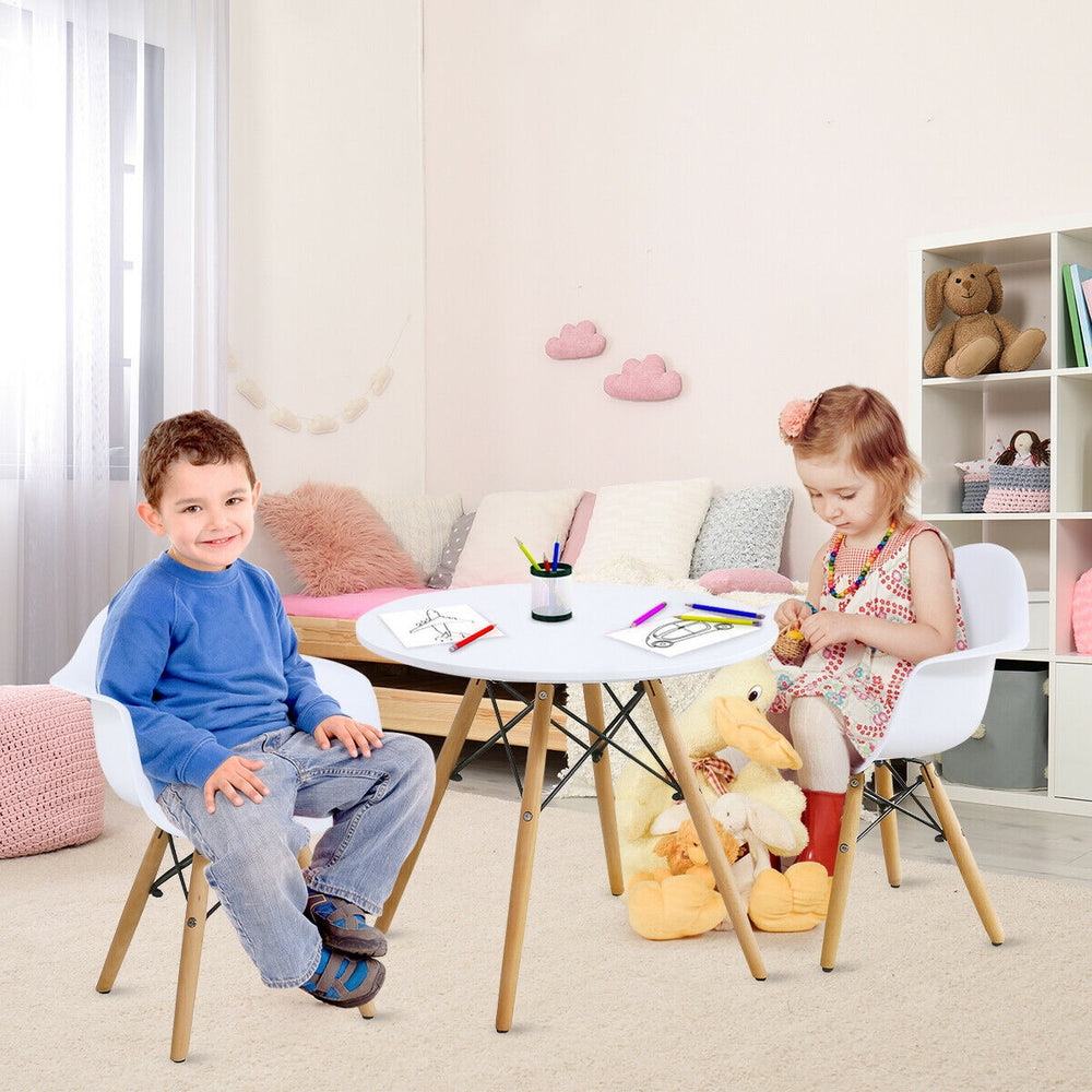 Kid's modern round table and chair set with wood legs, ergonomic design, perfect for drawing and playing.