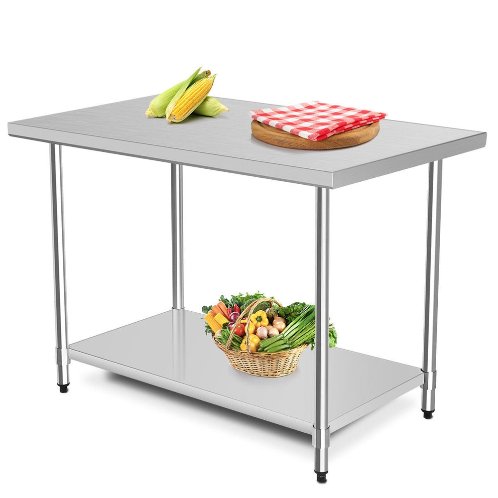 Stainless steel commercial kitchen worktable with adjustable galvanized shelf, ideal for food prep and storage.