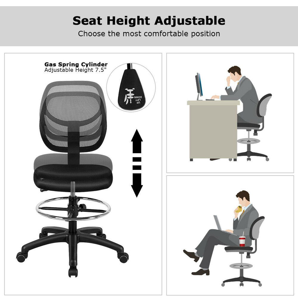 Adjustable height mid back mesh drafting office chair with ergonomic lumbar support and 360-degree swivel for comfort.