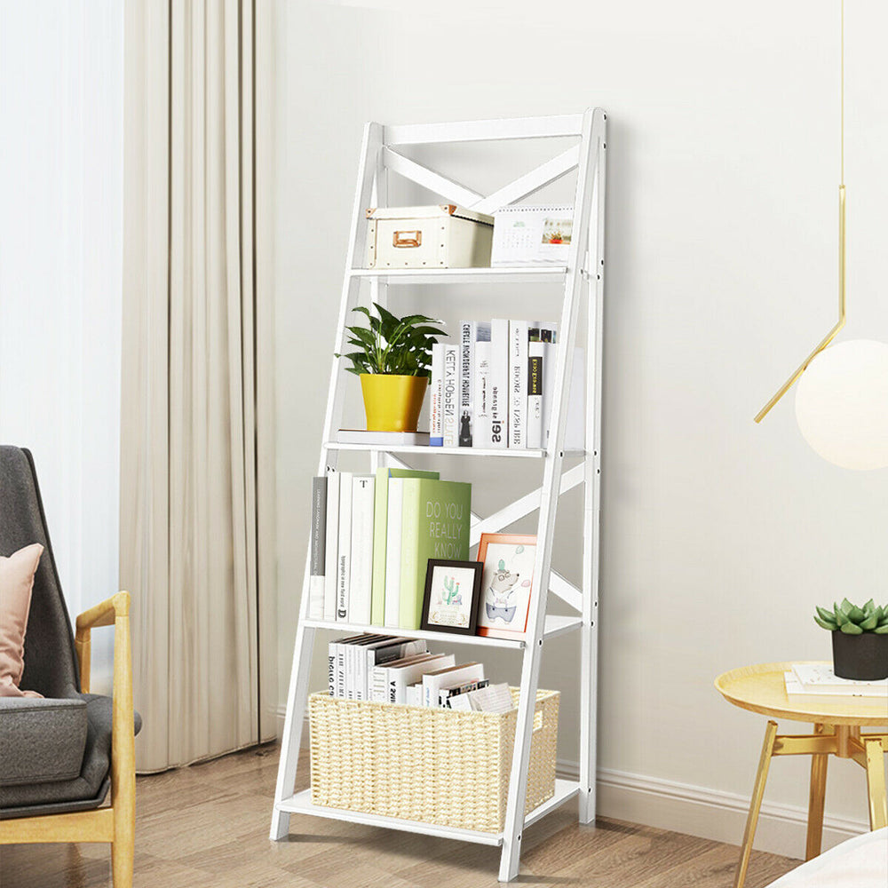 4-tier Leaning Free Standing Ladder Shelf Bookcase-White - Gallery View 1 of 13