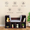 6-cubby kid storage bookcase with cushioned reading nook in brown, ideal for organizing toys and books while reading.