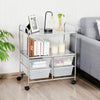 Rolling storage cart with 4 big drawers and 2 metal mesh shelves, ideal for kitchen or living room organization.