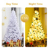 7.5 ft hinged artificial Christmas tree with thick PVC branches, shown in day and night settings for festive decoration.