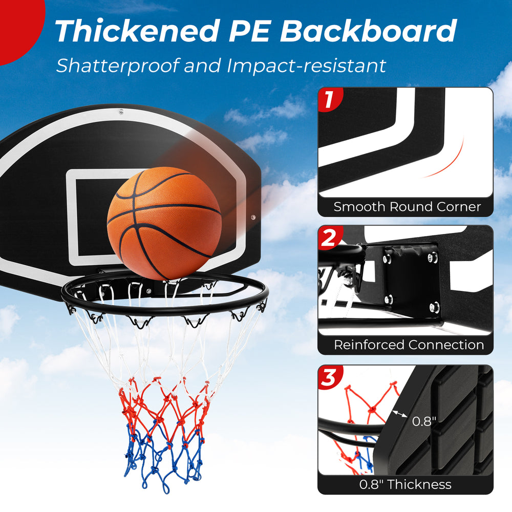 Wall-mounted basketball set with thickened shatterproof PE backboard, solid metal rim, and tear-proof net for indoor.