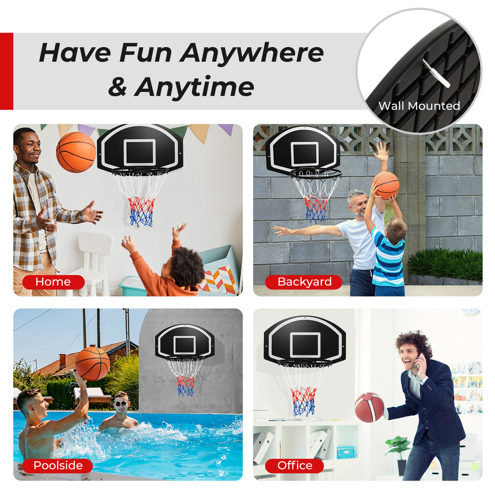 Wall-mounted basketball set with shatterproof backboard, ideal for indoor and outdoor play in home, poolside, or office.