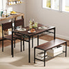 Rectangular walnut dining table set with 2 chairs and a bench, featuring under-table storage and a durable metal frame.