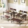 Industrial style rectangular kitchen table set in walnut with 2 chairs and a bench, perfect for dining or study spaces.