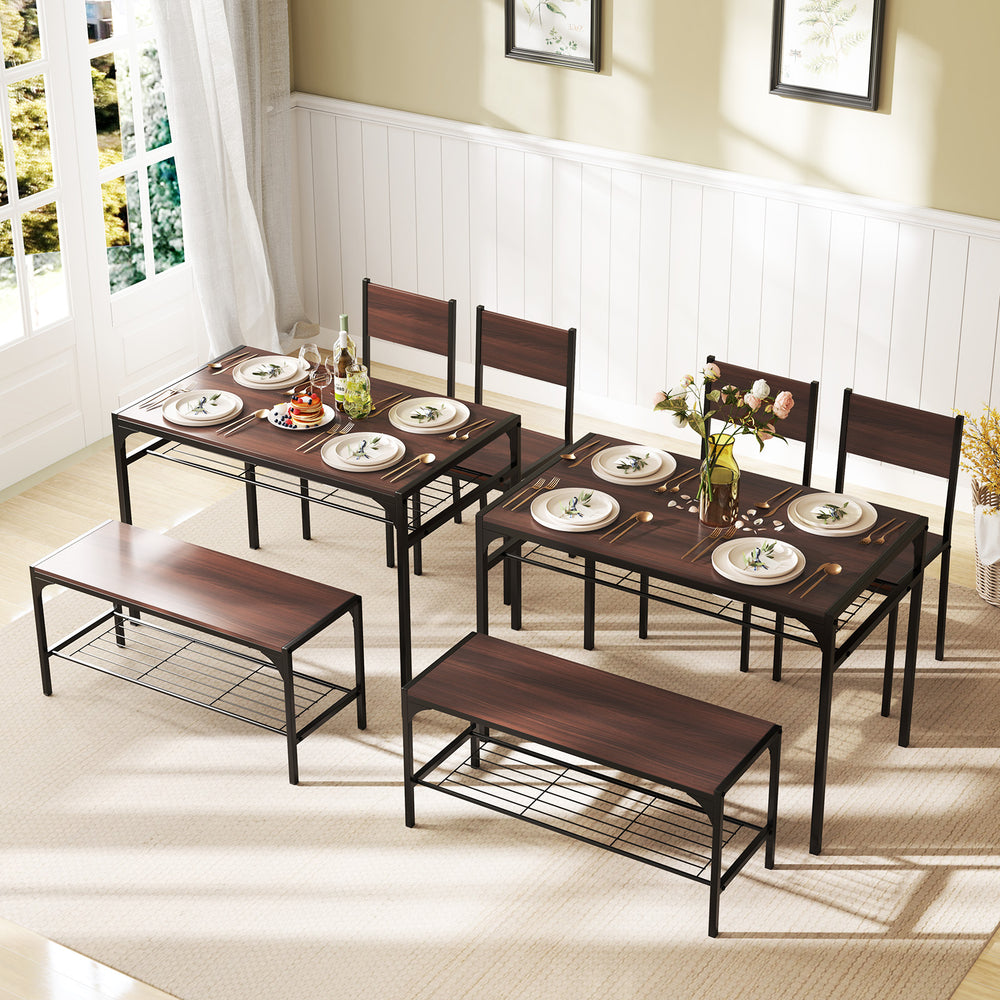 Industrial style rectangular kitchen table set in walnut with 2 chairs and a bench, perfect for dining or study spaces.