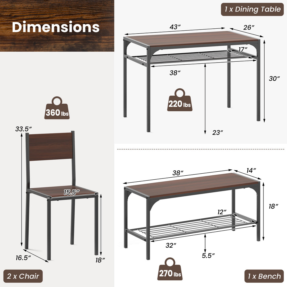 Rectangular kitchen table with bench and chairs in walnut, featuring under-table storage and a heavy-duty metal frame.