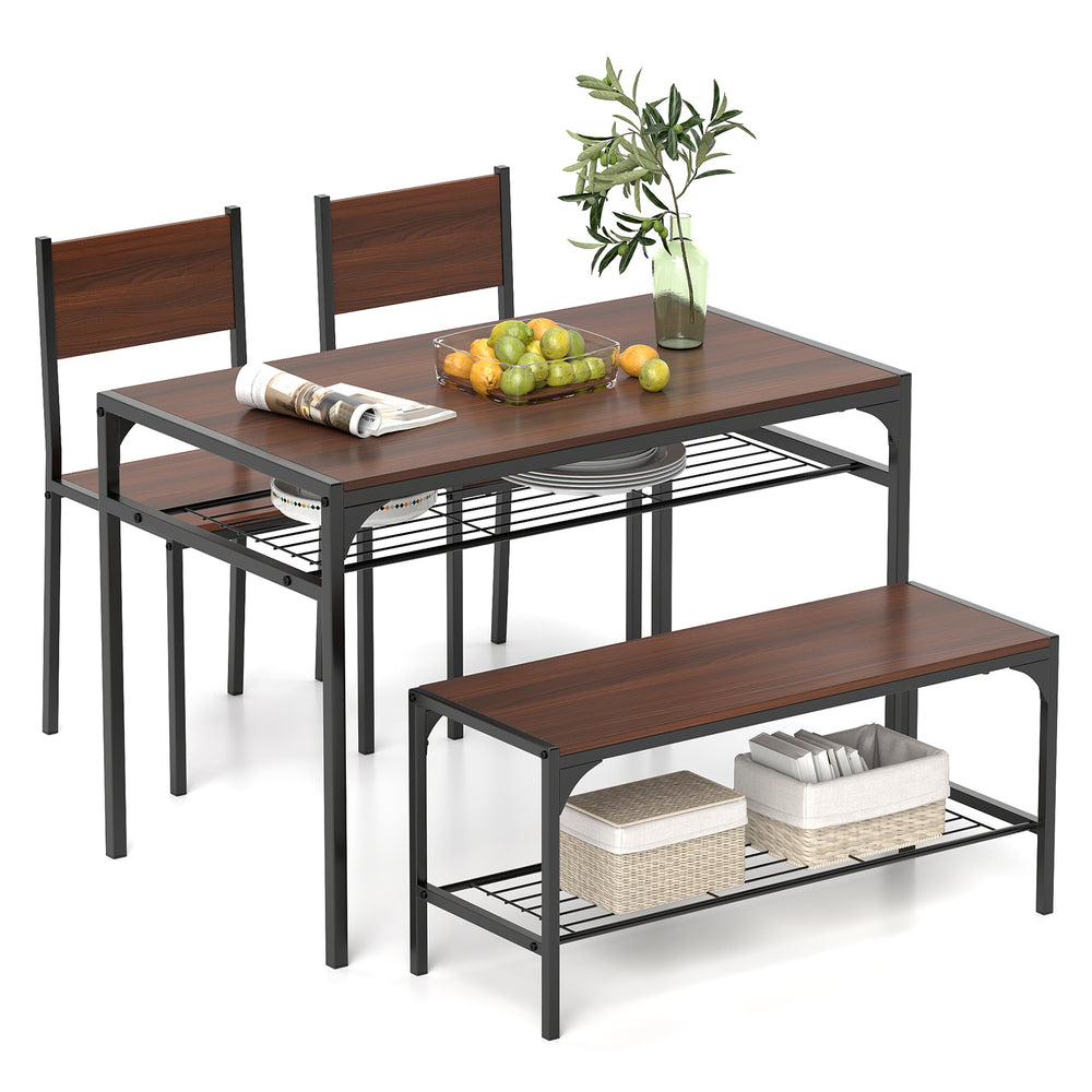 Rectangular walnut dining table set with bench and chairs, featuring under-table storage and a durable metal frame.
