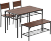 Industrial style rectangular kitchen table set in walnut with 2 chairs and a bench, featuring under-table storage.