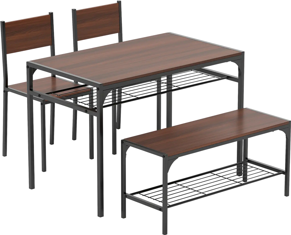 Industrial style rectangular kitchen table set in walnut with 2 chairs and a bench, featuring under-table storage.