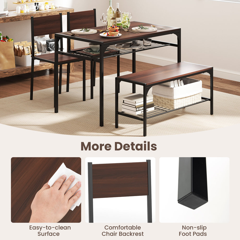 Rectangular walnut dining table set with bench and chairs, featuring a durable metal frame and easy-to-clean surface.