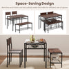 Rectangular walnut dining table set with bench and chairs, featuring space-saving design and under-table storage.