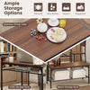 Rectangular walnut dining table with bench and chairs, featuring under-table storage shelves for organized dining.