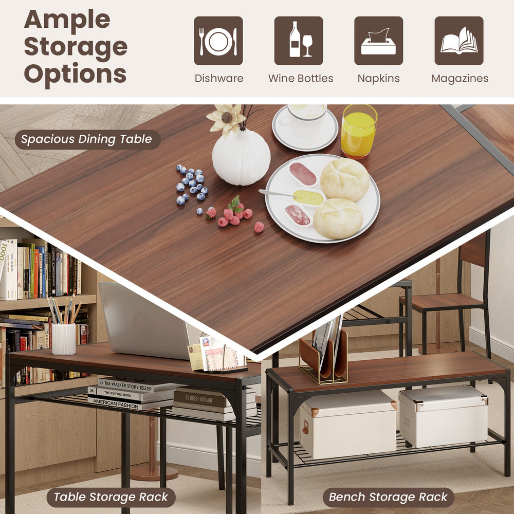 Rectangular walnut dining table with bench and chairs, featuring under-table storage shelves for organized dining.