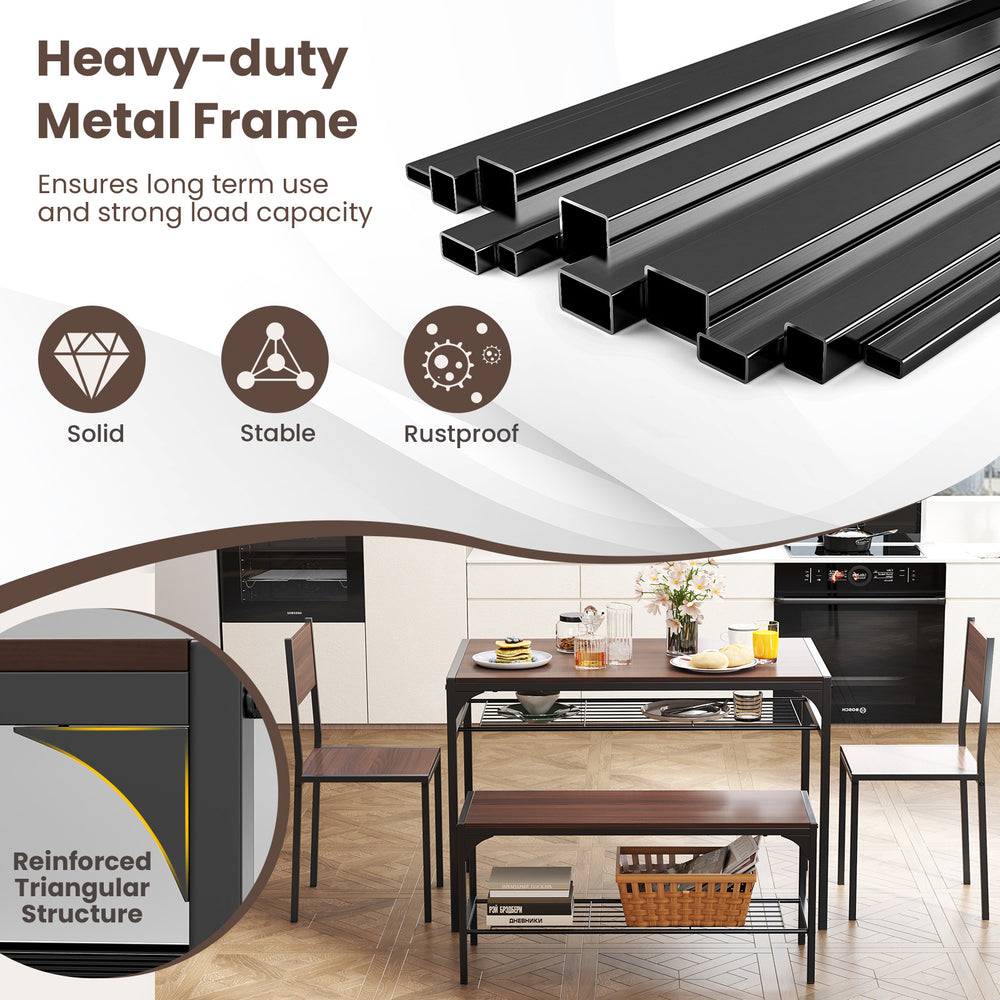 Industrial style rectangular kitchen table set with walnut finish, heavy-duty metal frame, includes bench and chairs.