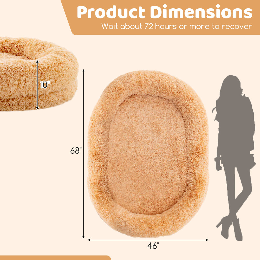 Washable fluffy human dog bed dimensions, featuring a cozy design with bolsters and a soft blanket for comfort.