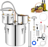 5-gallon stainless steel alcohol distiller kit with thermometer, cooling pot, and accessories for DIY whisky brewing.