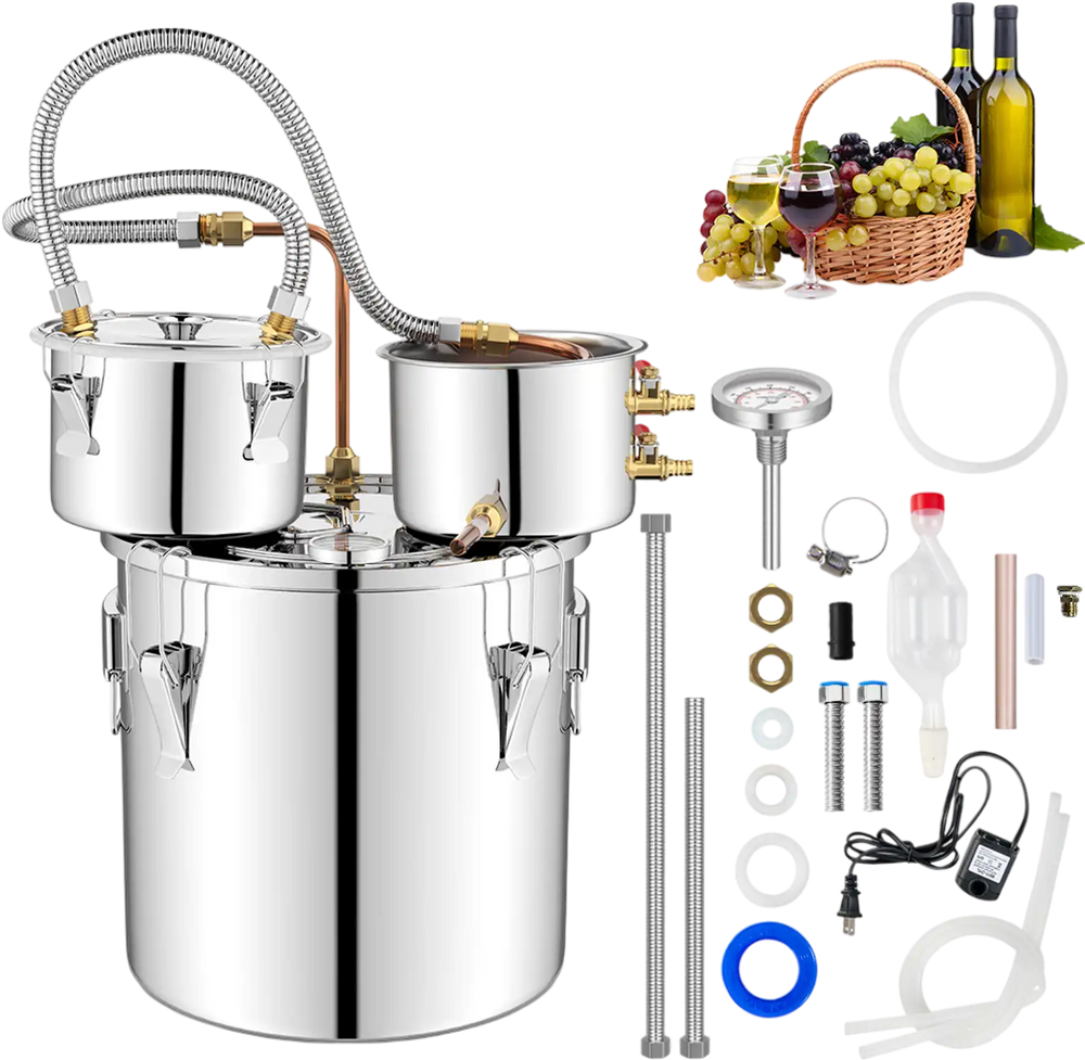 5-gallon stainless steel alcohol distiller kit with thermometer, cooling pot, and accessories for DIY whisky brewing.
