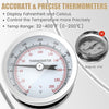 Close-up of the precise thermometer for the 5/10 Gal stainless steel alcohol distiller, displaying temperature range.