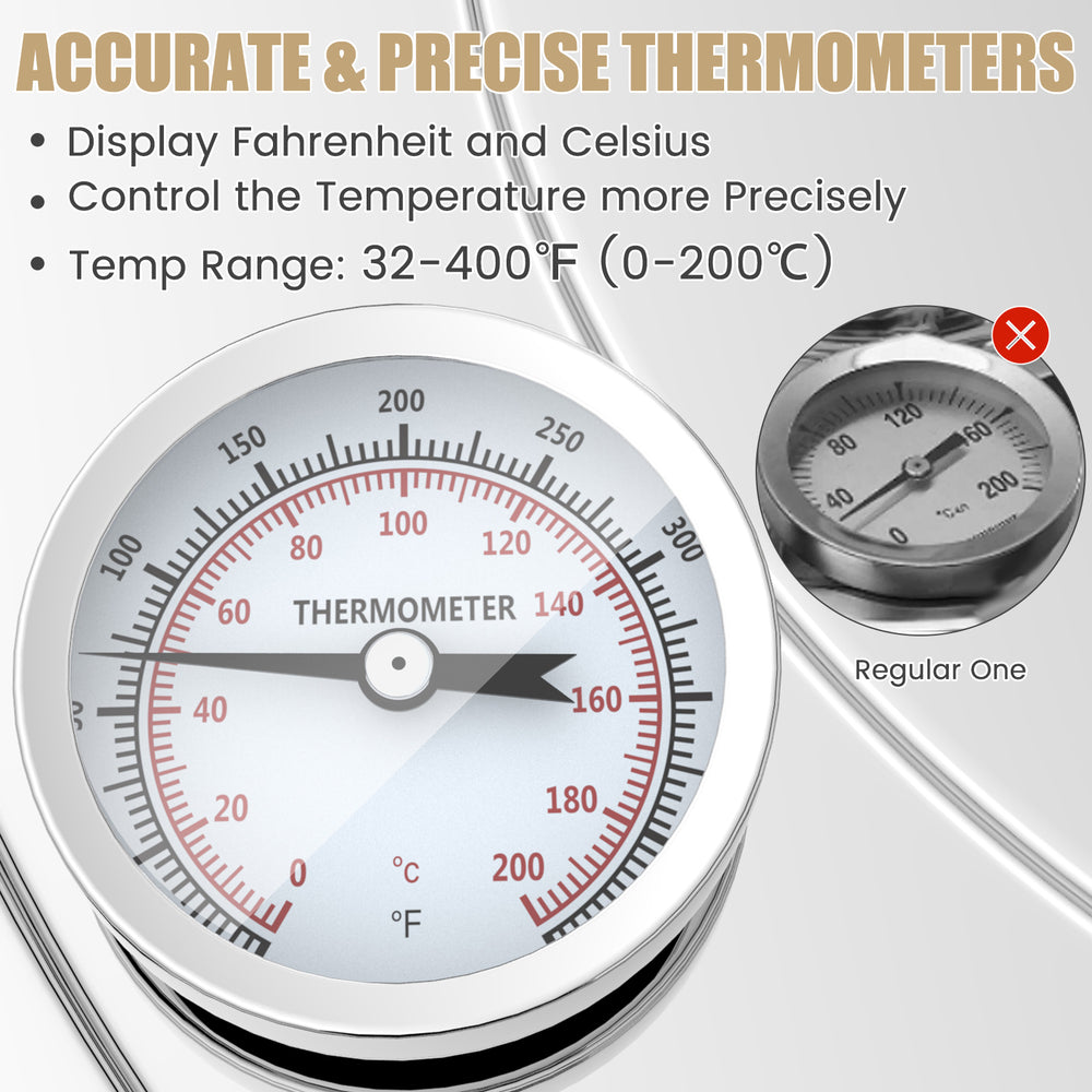 Close-up of the precise thermometer for the 5/10 Gal stainless steel alcohol distiller, displaying temperature range.