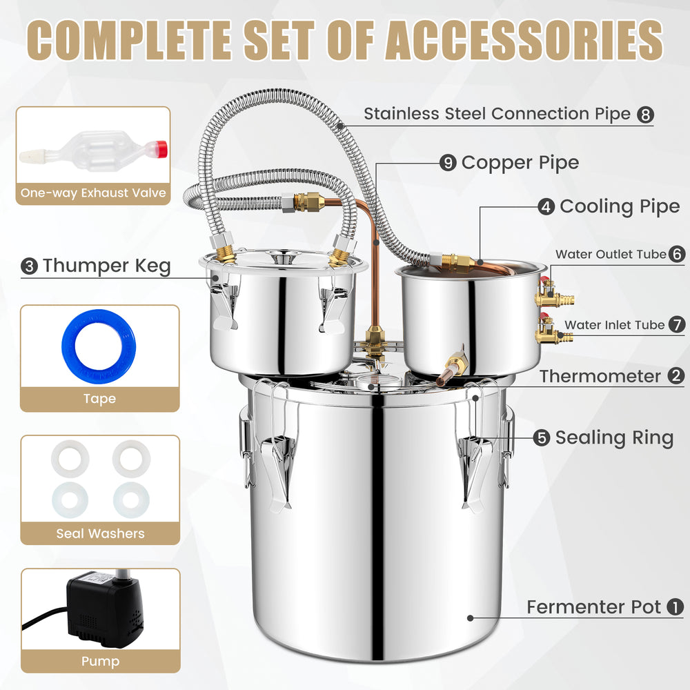 Complete set of accessories for 5/10 Gal stainless steel alcohol distiller, including thermometer, cooling pot, and.