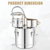 Product dimensions of a 5-gallon stainless steel water alcohol distiller with thermometer and cooling pot for DIY.