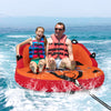 Front view of the orange 2 Person Water Sport Inflatable Towable Tube, showcasing comfortable seating for riders on the.