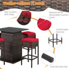 5-piece patio rattan bar stool set with red cushions, featuring hidden storage and weather-resistant PE rattan for.