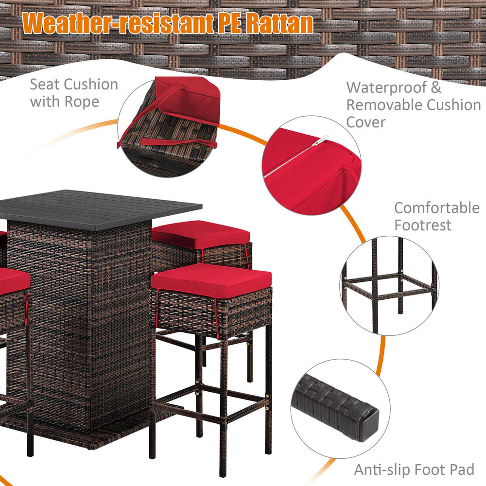 5-piece patio rattan bar stool set with red cushions, featuring hidden storage and weather-resistant PE rattan for.