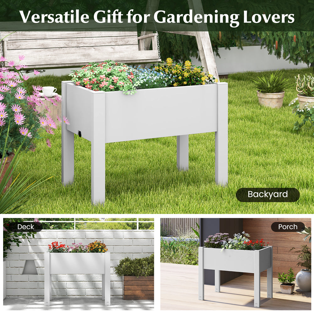 Self-watering raised bed planter box in white, perfect for outdoor gardening in backyard or patio with generous.