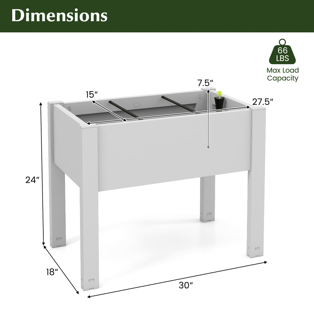 Self-watering raised bed planter box in white with dimensions 30” x 18” x 24”, ideal for outdoor gardening.