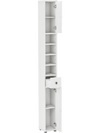 Freestanding slim bathroom cabinet in white with adjustable shelves, drawer, and anti-toppling device for small spaces.